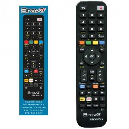 Bravo Telecomando Programmabile TECHNO 3 a Tre Banchi di Memoria Per TV, DTT, VCR, DVD, SAT o SKY