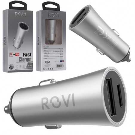 Rovi Car Charger 1 USB port + 1 Type-C Fast Charger 2A 28W | Silver