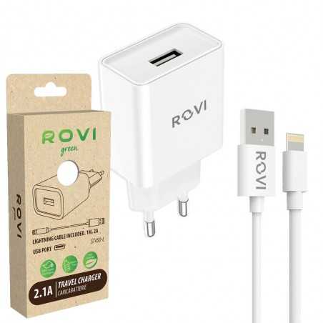 Rovi Travel Charger Kit ST450L Caricabatteria USB-A + Cavo da USB-A a Lightning 2.1A | Bianco