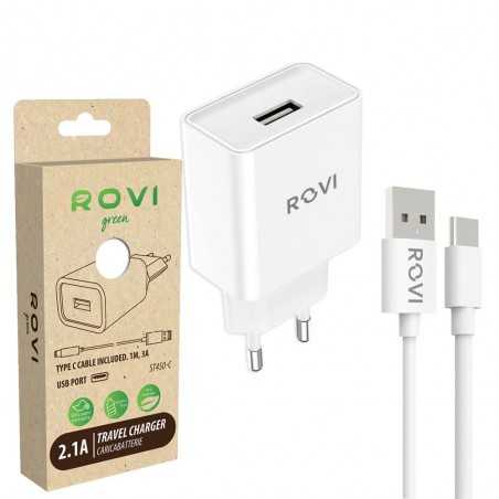 Rovi Travel Charger Caricabatteria + Cavo Type C / USB, 2.1A Pack Green 1m 