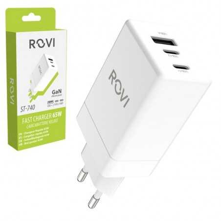 ROVI CaricaBatterie da Rete 65W USB-A + 2 Porte USB-C ST-740 Fast Charger Power Delivery | Bianco