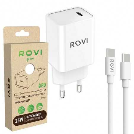 Rovi Caricabatterie Type-C Completo di Cavo da Type-C a Type-C 25W PD Fast Charger (Pack Green) | Bianco 