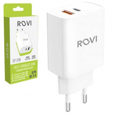 ROVI CaricaBatterie da Rete 20W USB-C + USB-A Fast Charger Power Delivery ST-770 | Bianco