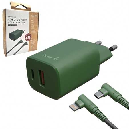 HUNE Kit Caricabatterie Multiplo USB e Type C da 20 W + Cavo Type C Lightning 1.2m | Verde