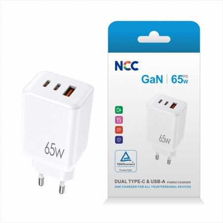 NCC CaricaBatterie da Rete GaN 65W 2 Porte USB-C + 1 Porta USB-A Power Charger