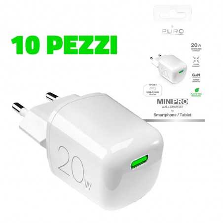 Puro 10PZ MINIPRO CaricaBatterie da Rete 20W USB-C Fast Charger Power Delivery GaN | Bianco