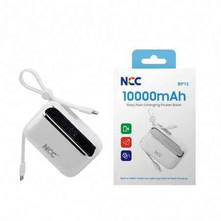 NCC Power Bank 10000mAh Caricabatterie Compatto Veloce Con Cavo Integrato USB-C e Lightning | Bianco BP12