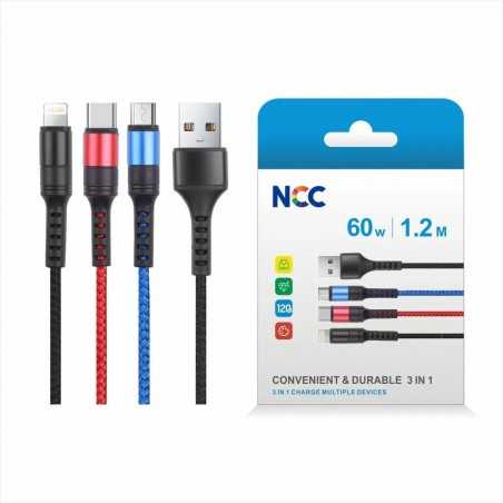 NCC Cavo USB-A a USB-C - Lightning - Micro USB | 3 in 1 | 60W | 120cm