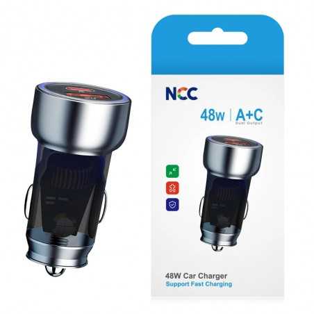 NCC CaricaBatterie da Auto 48W Doppia porta USB-A + USB-C Fast Charger | Nero R10