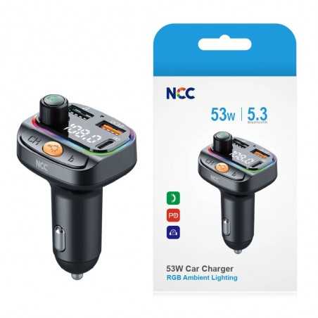 NCC CaricaBatterie da Auto 53W 2 porte USB-A + 1 Porta USB-C Bluetooth 5.3 Fast Charger | Nero R20