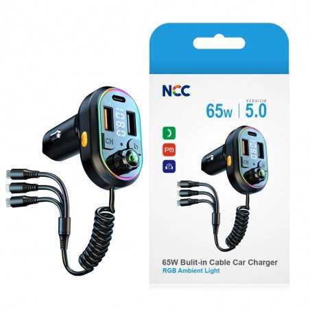 NCC CaricaBatterie da Auto 65W 2 porte USB-A + 1 Porta USB-C Bluetooth 5.3 Fast Charger | Nero R30