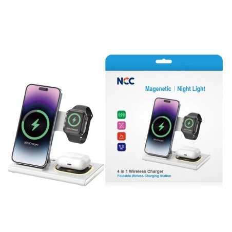 NCC CaricaBatterie Wireless Caricatore Pieghevole 4 in 1 Con Luce Notturna | Bianco W30