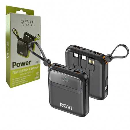 ROVI Power Bank LX21 10000MAH Caricabatterie Portatile 20W Cavi Integrati USB-C MICRO-USB LIGHTNING | Nero