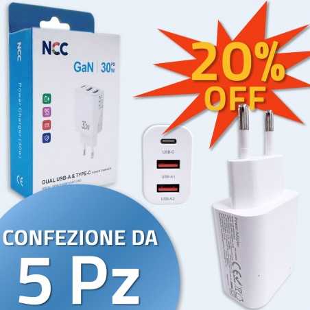 NCC CaricaBatterie da Rete 30W 1 Porta USB-C + 2 porte USB-A Fast Charger Power Delivery | confezione da 5pz