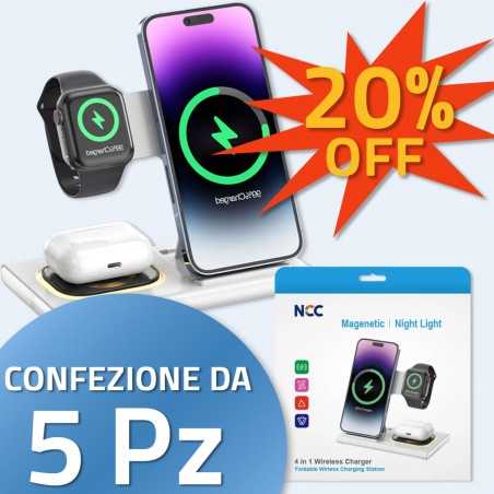 NCC Caricabatterie Wireless Caricatore Stazione Pieghevole 4 in 1 Luce Notturna | W30 confezione da 5pz