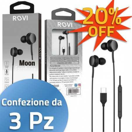 ROVI Moon Auricolare Stereo Type-C TC-13 Controllo Remoto Volume | confezione da 3pz NERO