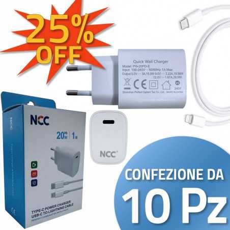  NCC Caricabatterie 20W USB-C Completo di Cavo da USB-C a Lightning PD Fast Charger | confezione da 10pz