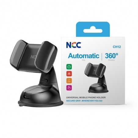 NCC Supporto da Auto CH12 Universale da Cruscotto e Parabrezza Presa Sicura Automatica 360° | Black