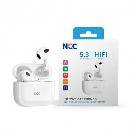 NCC Auricolare Bluetooth T11 Cuffie TWS Audio HIFI BT 5.3 Porta USB-C | Bianco