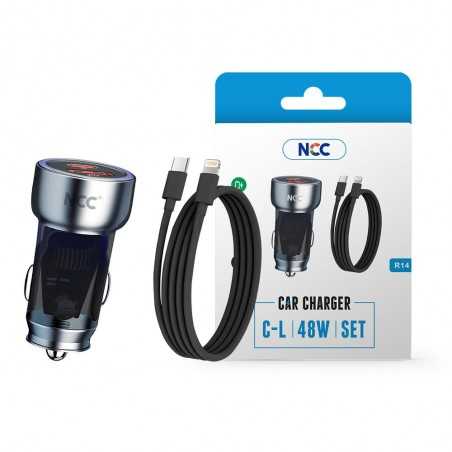 NCC CaricaBatterie da Auto 48W 2 porte USB-A + USB-C Fast Charger + Cavo USB-C a Lightning | Nero R14