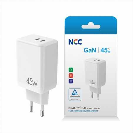 NCC CaricaBatterie da Rete 45W Doppia Porta USB-C Fast Charge GaN | Bianco