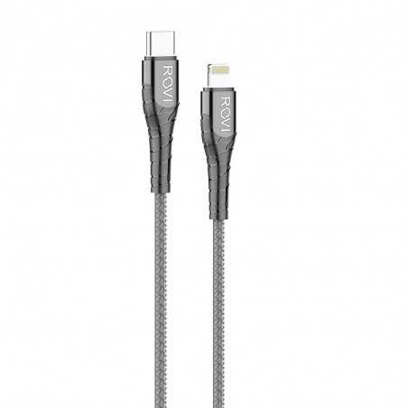 Rovi Sport Charging Cable from Type-c to Lightning Covered in Nylon 1mt 3A | Silver - Black
