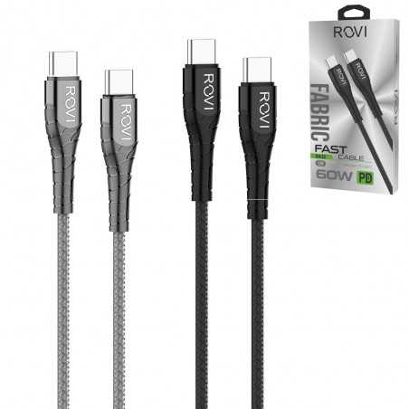 Rovi Fabric Cavo di Ricarica USB-C da Type-c a Type-C Rivestito in Tessuto Con Connettori Rinforzati 2.4A | Silver - Nero