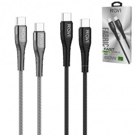 Rovi Fabric Type-c to Type-C Charging Cable Covered in Fabric With Reinforced 2.4A Connectors | Silver - Black