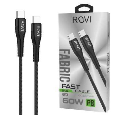 Rovi Fabric Type-c to Type-C Charging Cable Covered in Fabric With Reinforced 2.4A Connectors | Silver - Black